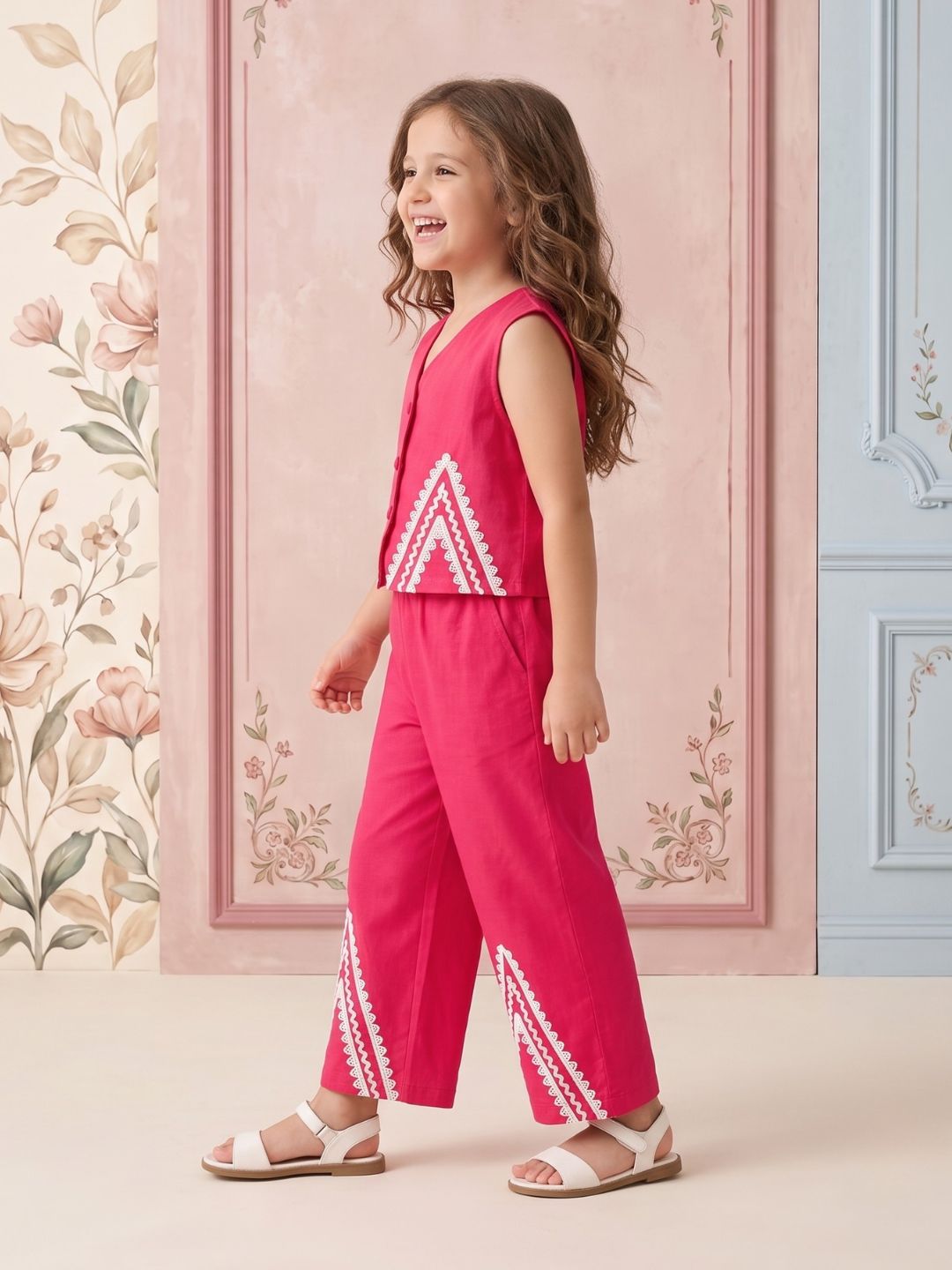Pink Solid with lace Pure Cotton Co-Ords Set For Girls