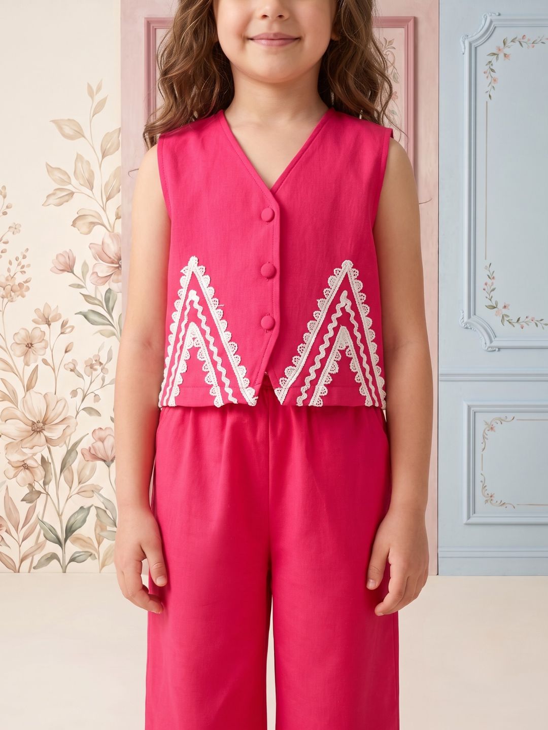 Pink Solid with lace Pure Cotton Co-Ords Set For Girls