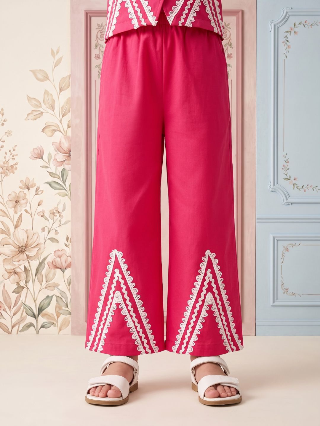 Pink Solid with lace Pure Cotton Co-Ords Set For Girls