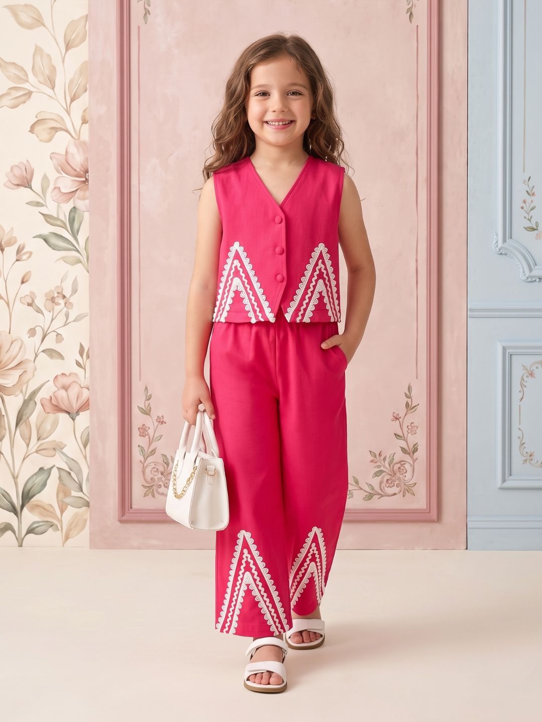 Pink Solid with lace Pure Cotton Co-Ords Set For Girls
