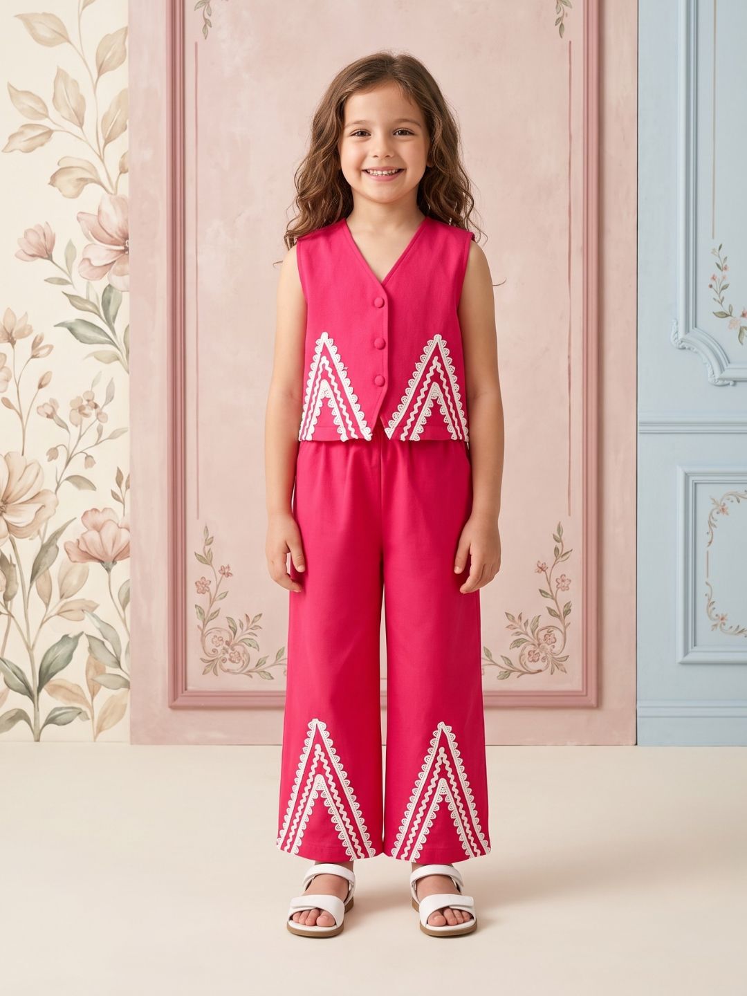 Pink Solid with lace Pure Cotton Co-Ords Set For Girls