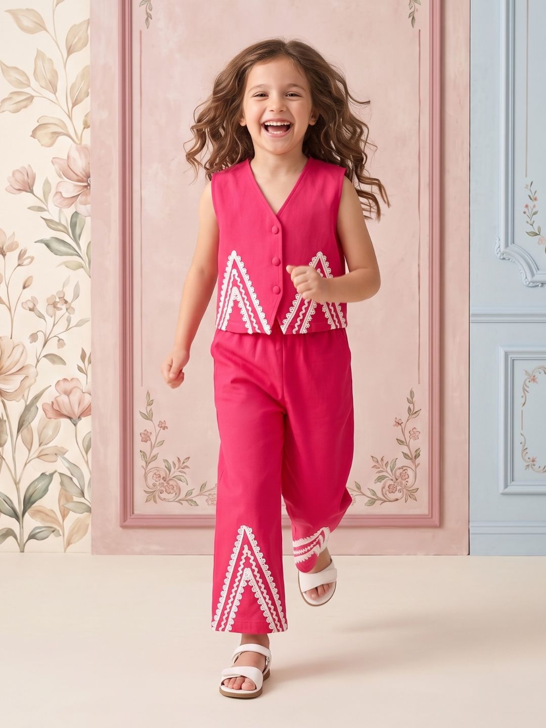 Pink Solid with lace Pure Cotton Co-Ords Set For Girls