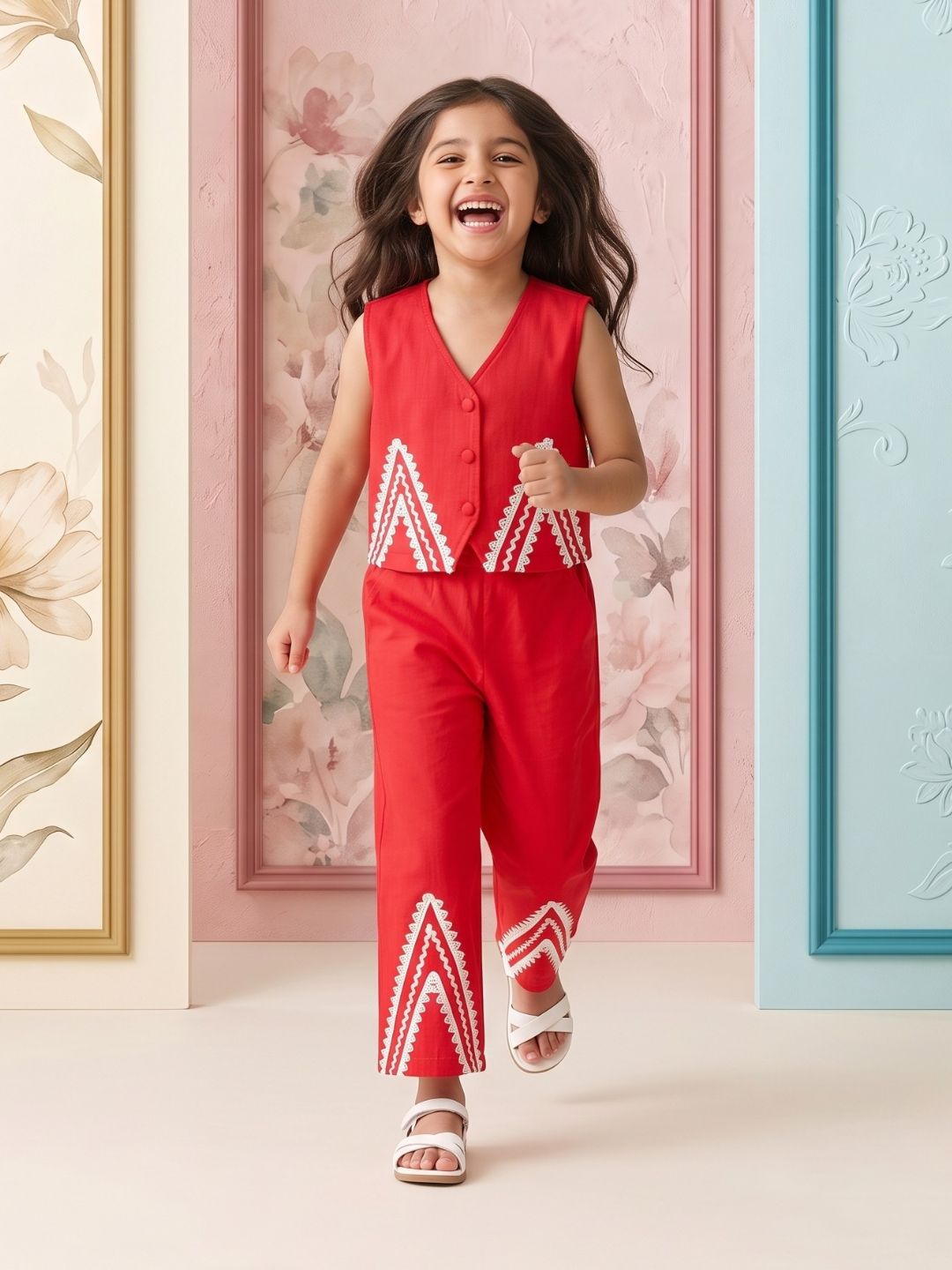 Red Solid with lace Pure Cotton Co-Ords Set For Girls