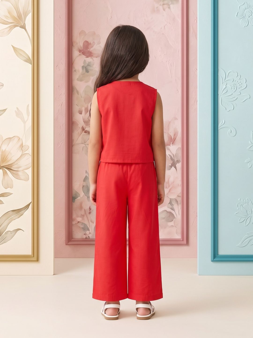 Red Solid with lace Pure Cotton Co-Ords Set For Girls