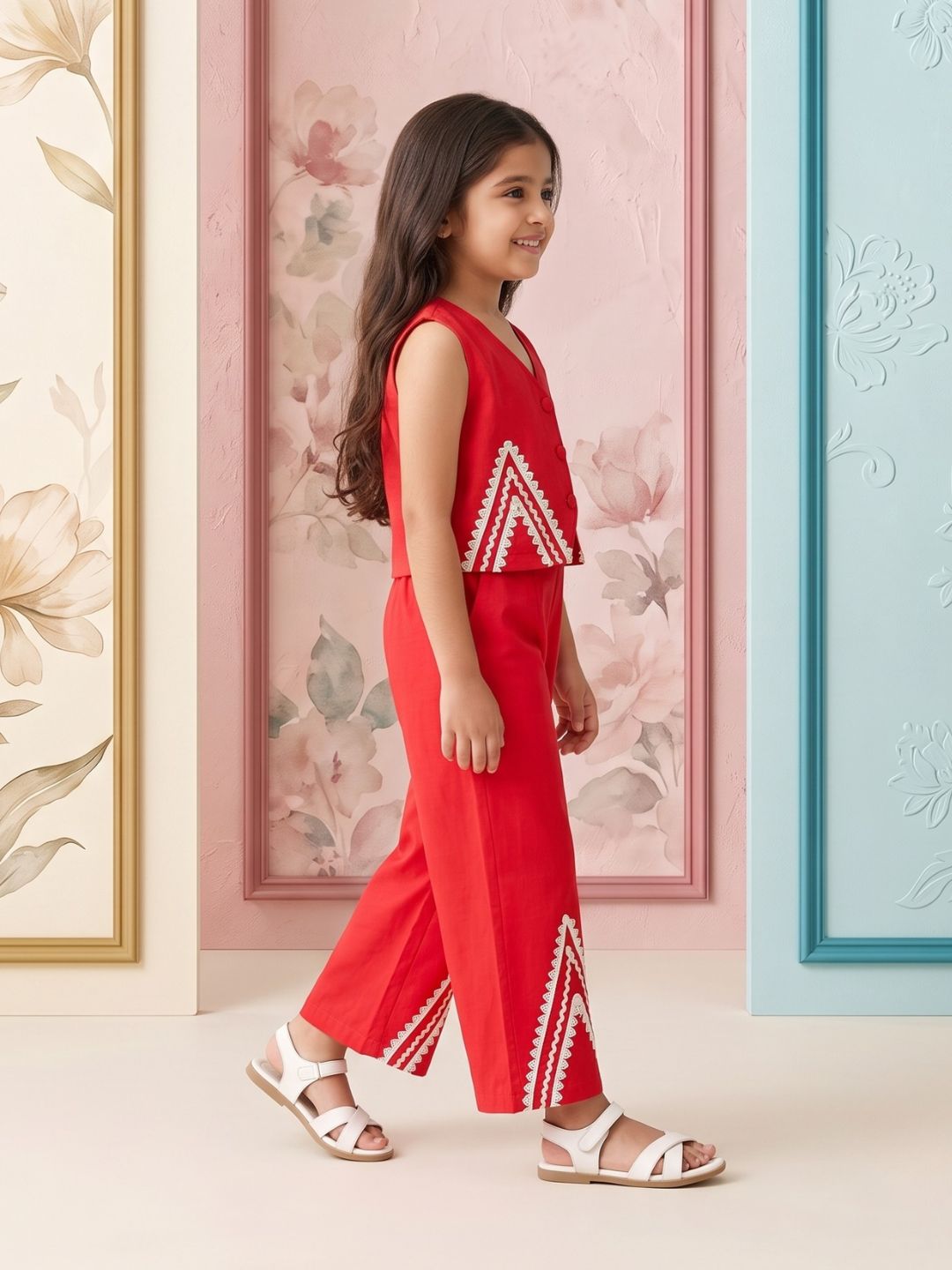 Red Solid with lace Pure Cotton Co-Ords Set For Girls