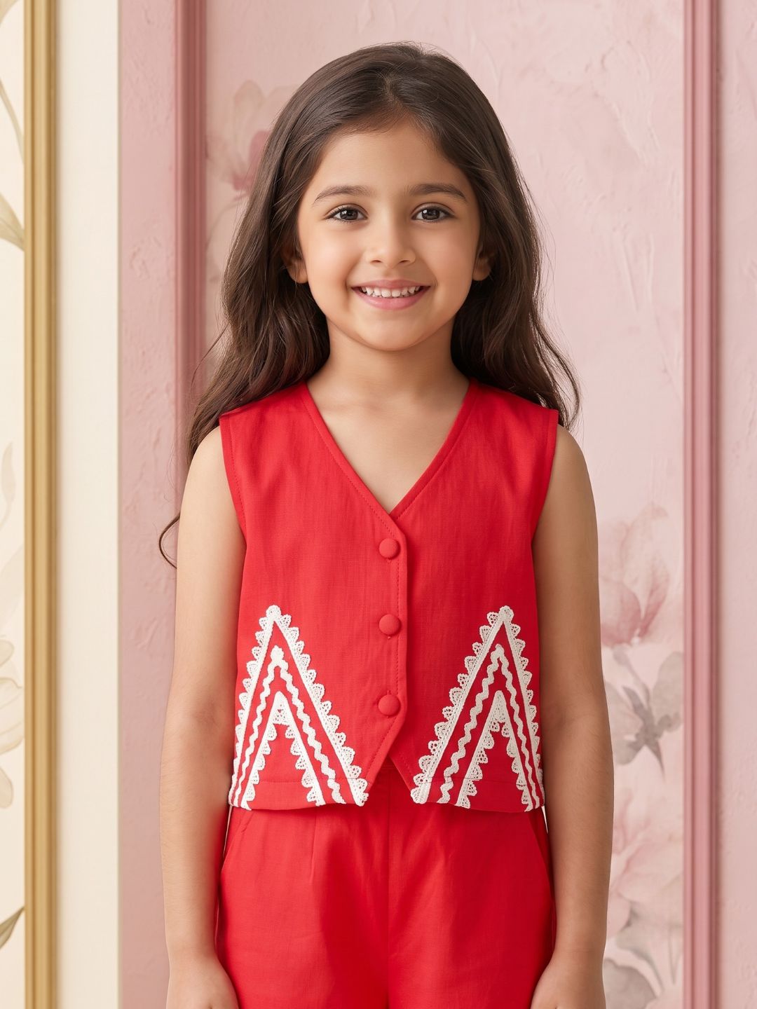 Red Solid with lace Pure Cotton Co-Ords Set For Girls