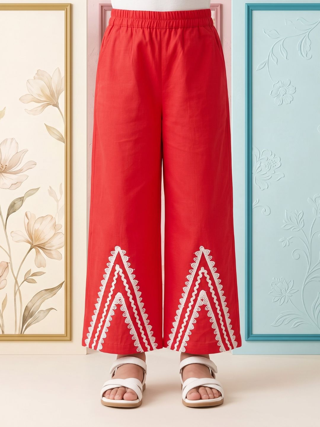 Red Solid with lace Pure Cotton Co-Ords Set For Girls