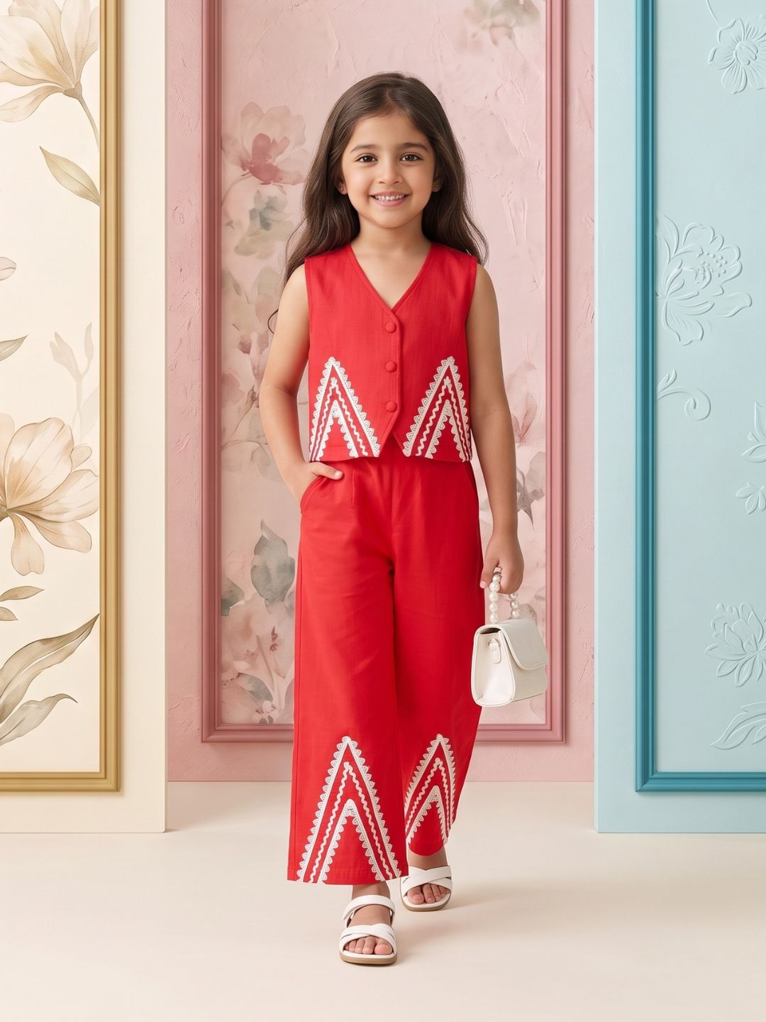 Red Solid with lace Pure Cotton Co-Ords Set For Girls