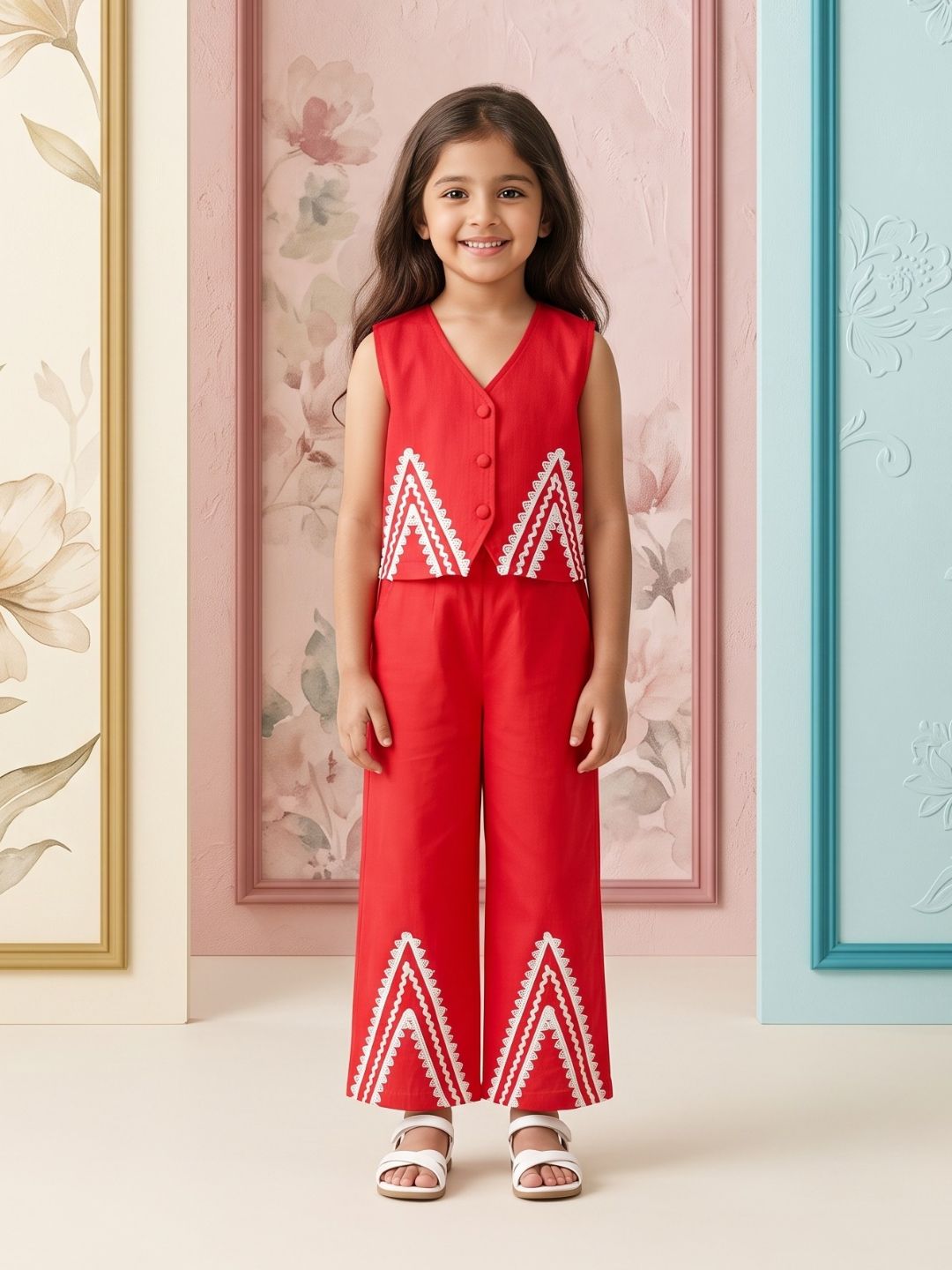 Red Solid with lace Pure Cotton Co-Ords Set For Girls
