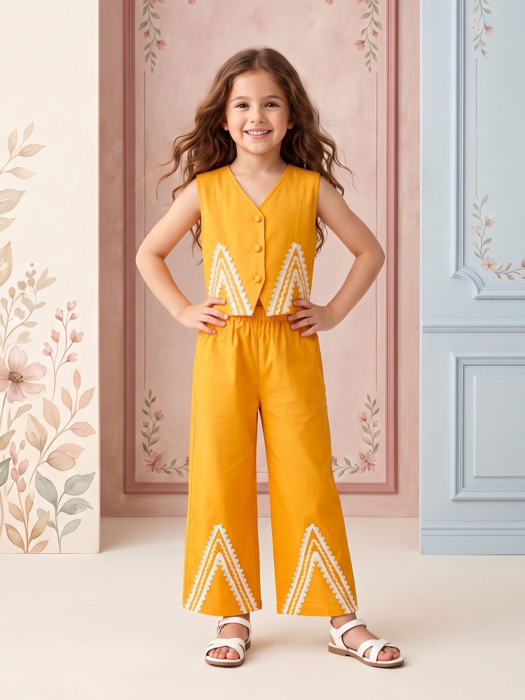 Mustard Solid with lace Pure Cotton Co-Ords Set For Girls