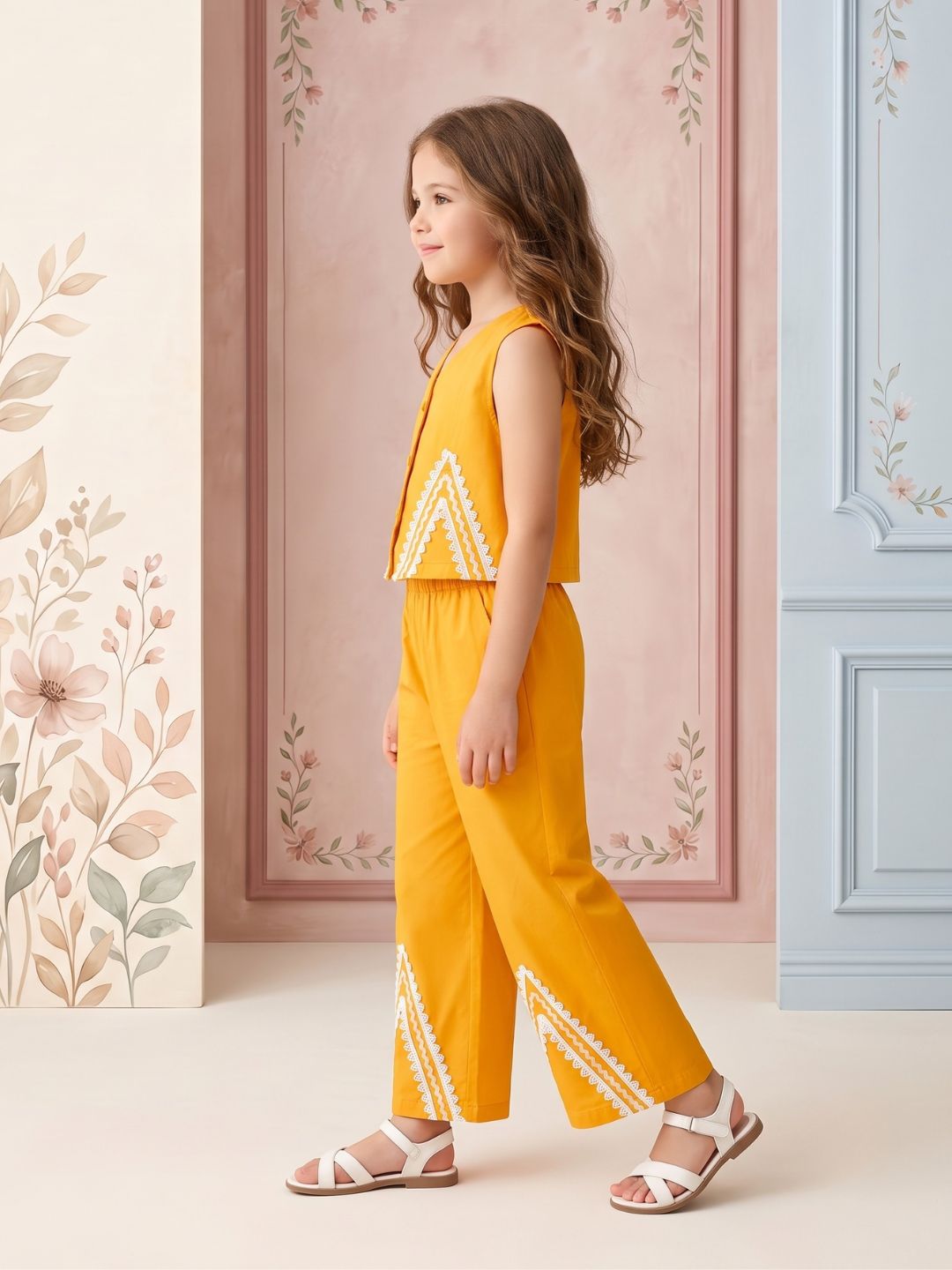 Mustard Solid with lace Pure Cotton Co-Ords Set For Girls