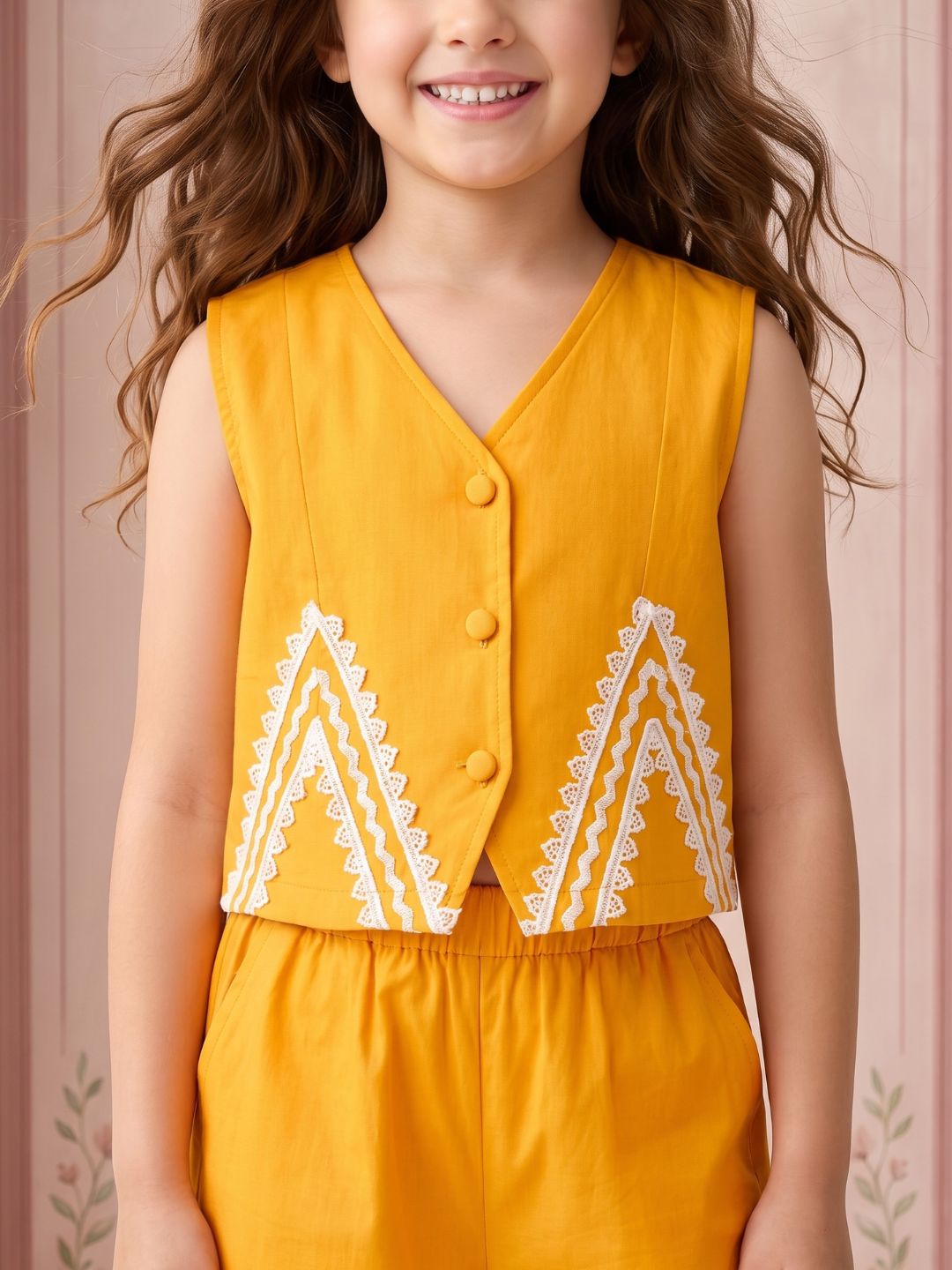 Mustard Solid with lace Pure Cotton Co-Ords Set For Girls