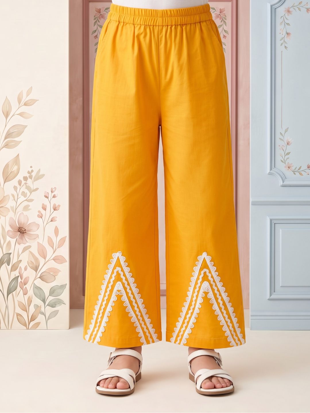 Mustard Solid with lace Pure Cotton Co-Ords Set For Girls