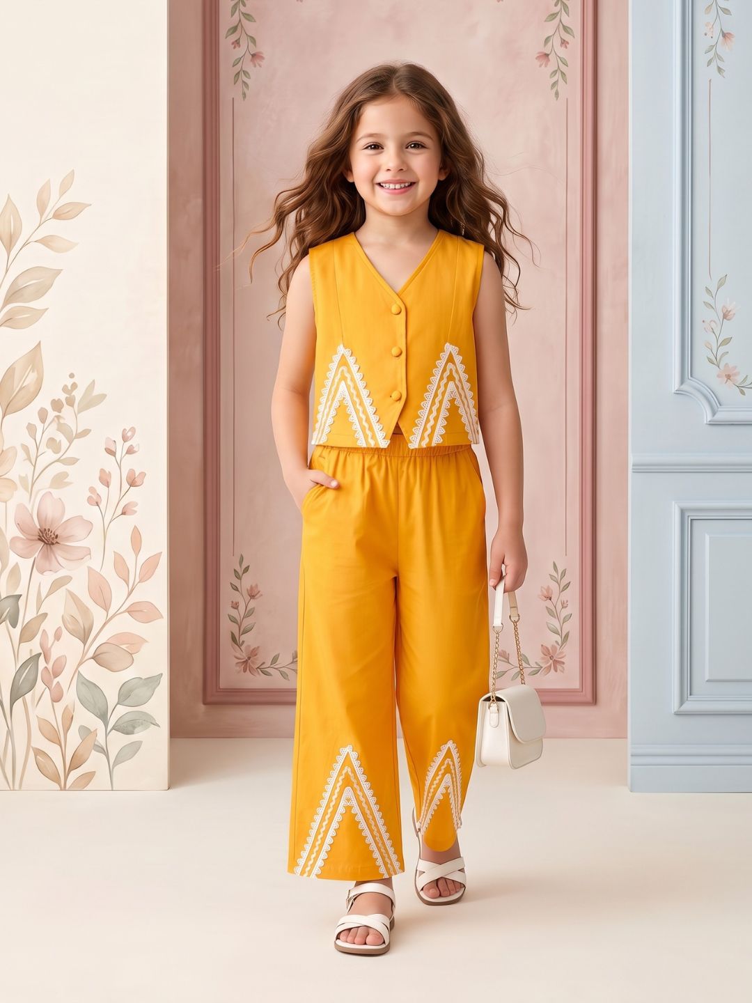 Mustard Solid with lace Pure Cotton Co-Ords Set For Girls