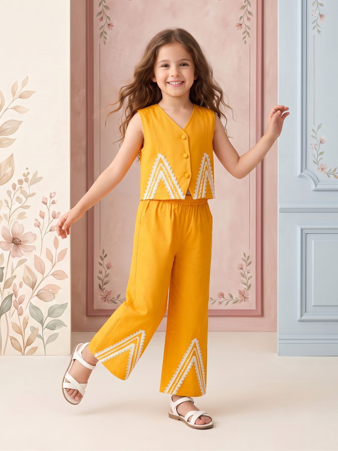 Mustard Solid with lace Pure Cotton Co-Ords Set For Girls