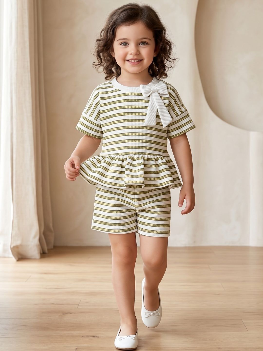 Green Stripe Cotton Blend Co-Ords Set For Girls