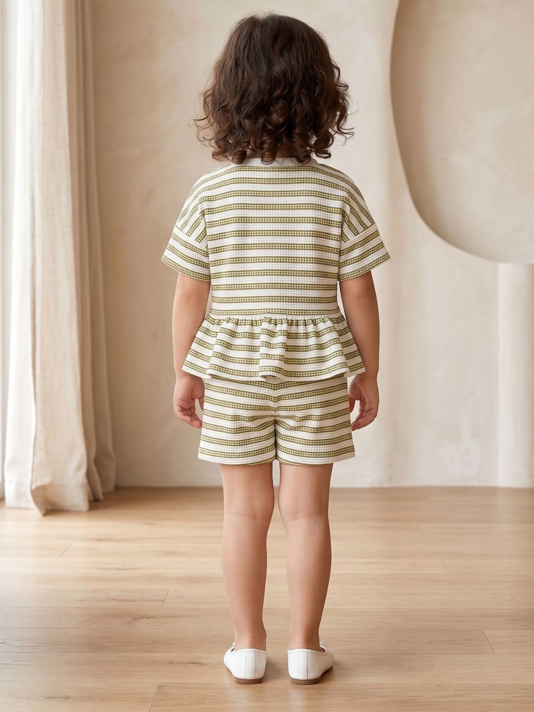 Green Stripe Cotton Blend Co-Ords Set For Girls