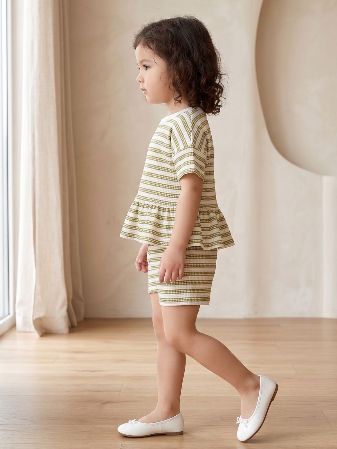Green Stripe Cotton Blend Co-Ords Set For Girls