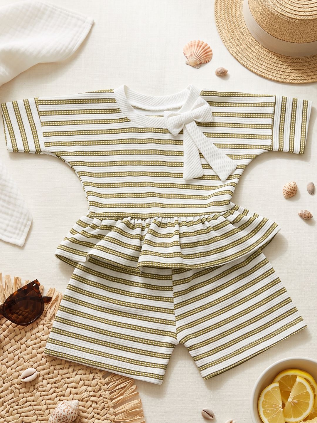 Green Stripe Cotton Blend Casual Wear Sibling Co-Ord Set for Kids | Matching Brother & Sister Outfit