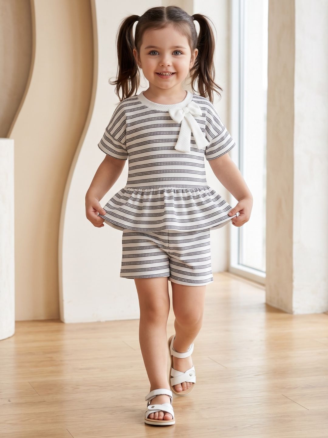 Grey Stripe Cotton Blend Co-Ords Set For Girls