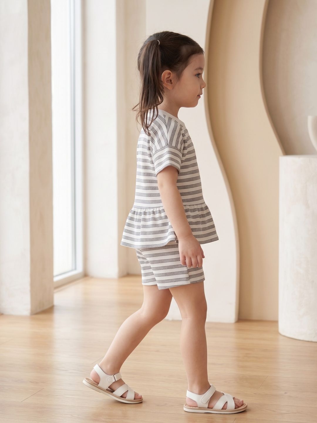 Grey Stripe Cotton Blend Co-Ords Set For Girls