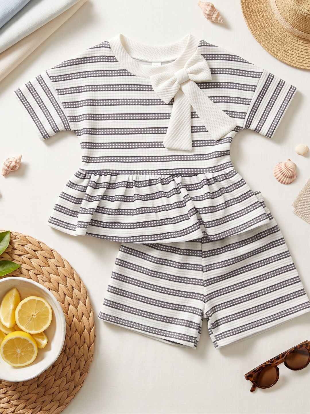 Grey Stripe Cotton Blend Casual Wear Sibling Co-Ord Set for Kids | Matching Brother & Sister Outfit
