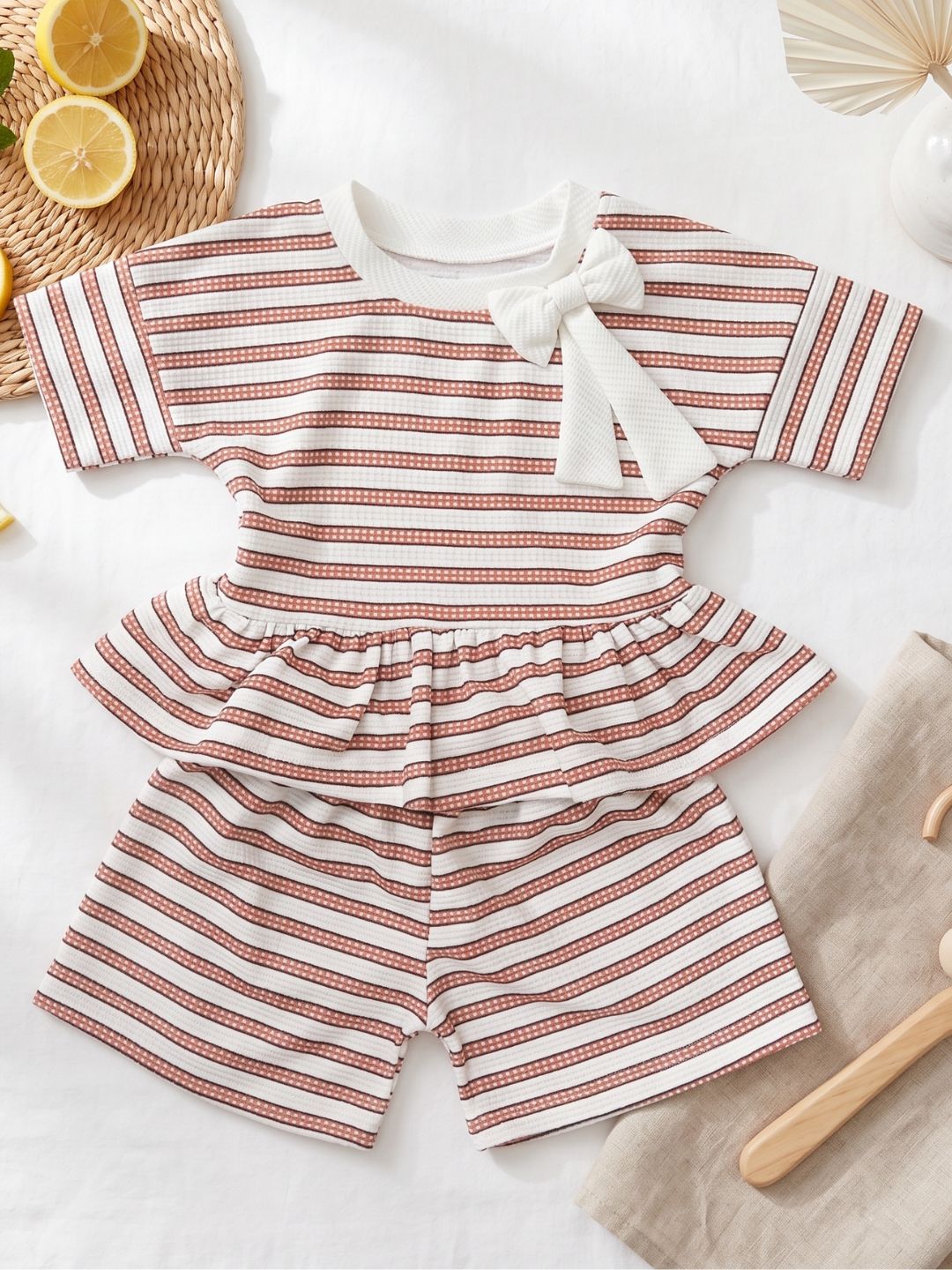 Orange Stripe Cotton Blend Casual Wear Sibling Co-Ord Set for Kids | Matching Brother & Sister Outfit