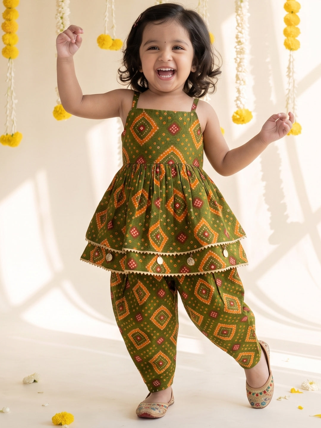 Green Bandhani Print Pure cotton Co-Ords For Girls