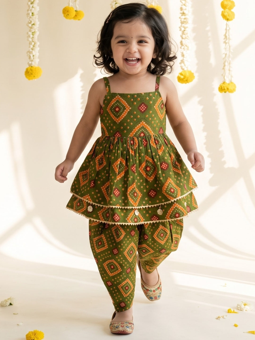 Green Bandhani Print Pure Cotton Sibling Set for Kids | Matching Brother & Sister Outfit