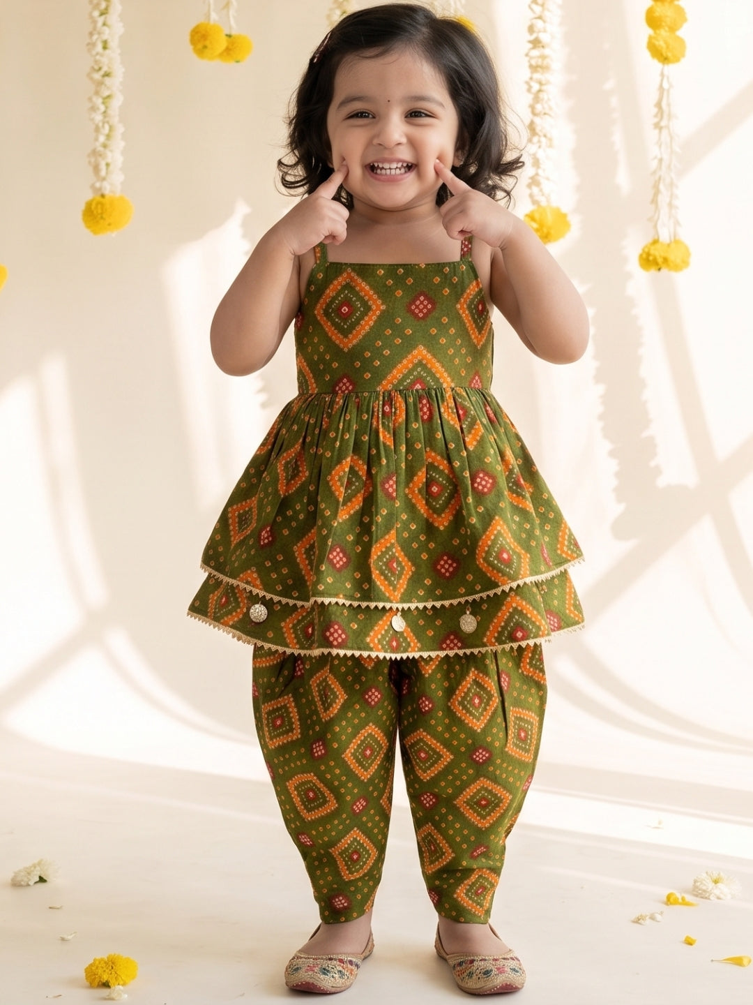Green Bandhani Print Pure Cotton Sibling Set for Kids | Matching Brother & Sister Outfit