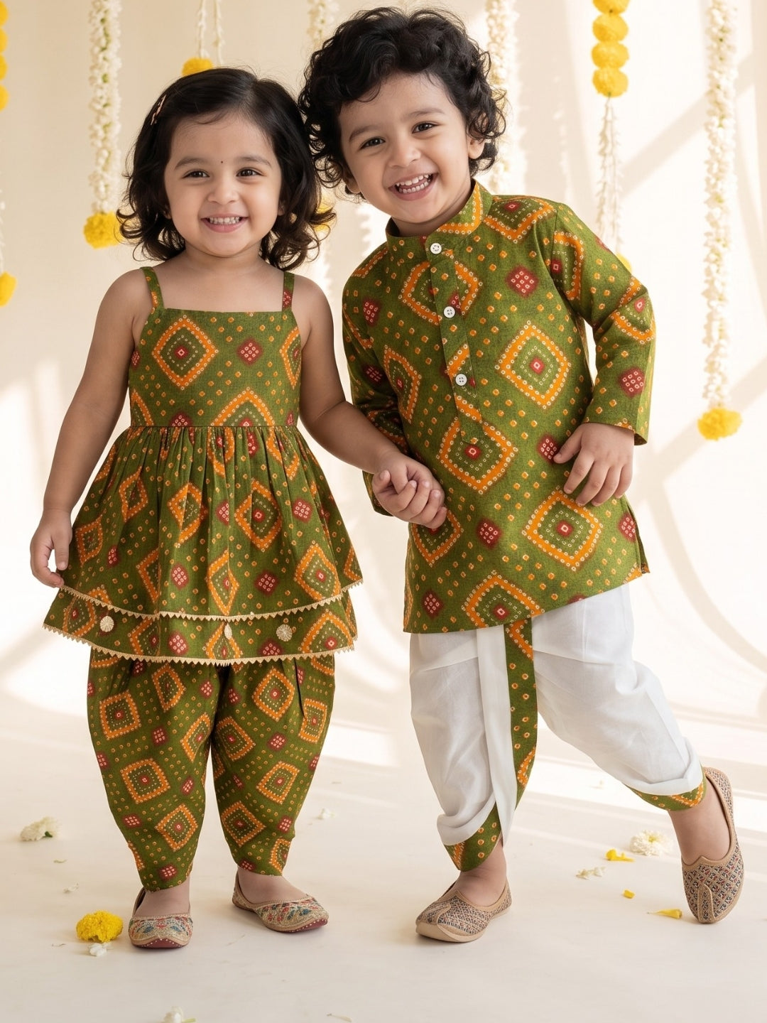 Green Bandhani Print Pure Cotton Sibling Set for Kids | Matching Brother & Sister Outfit