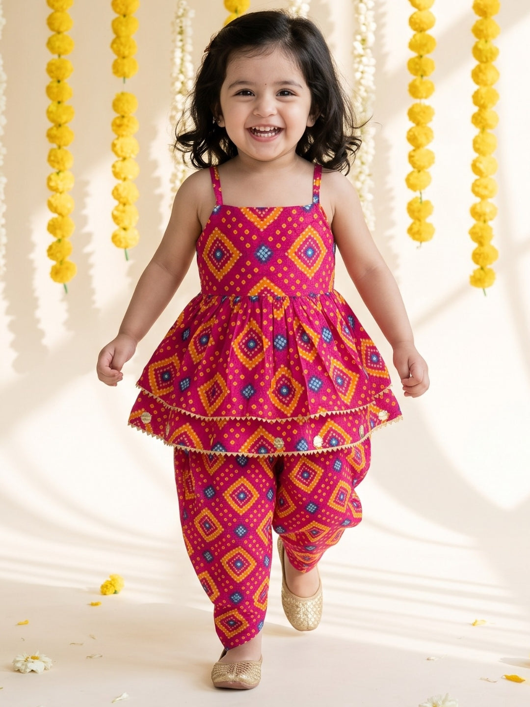 Pink Bandhani Print Pure Cotton Co-Ords For Girls