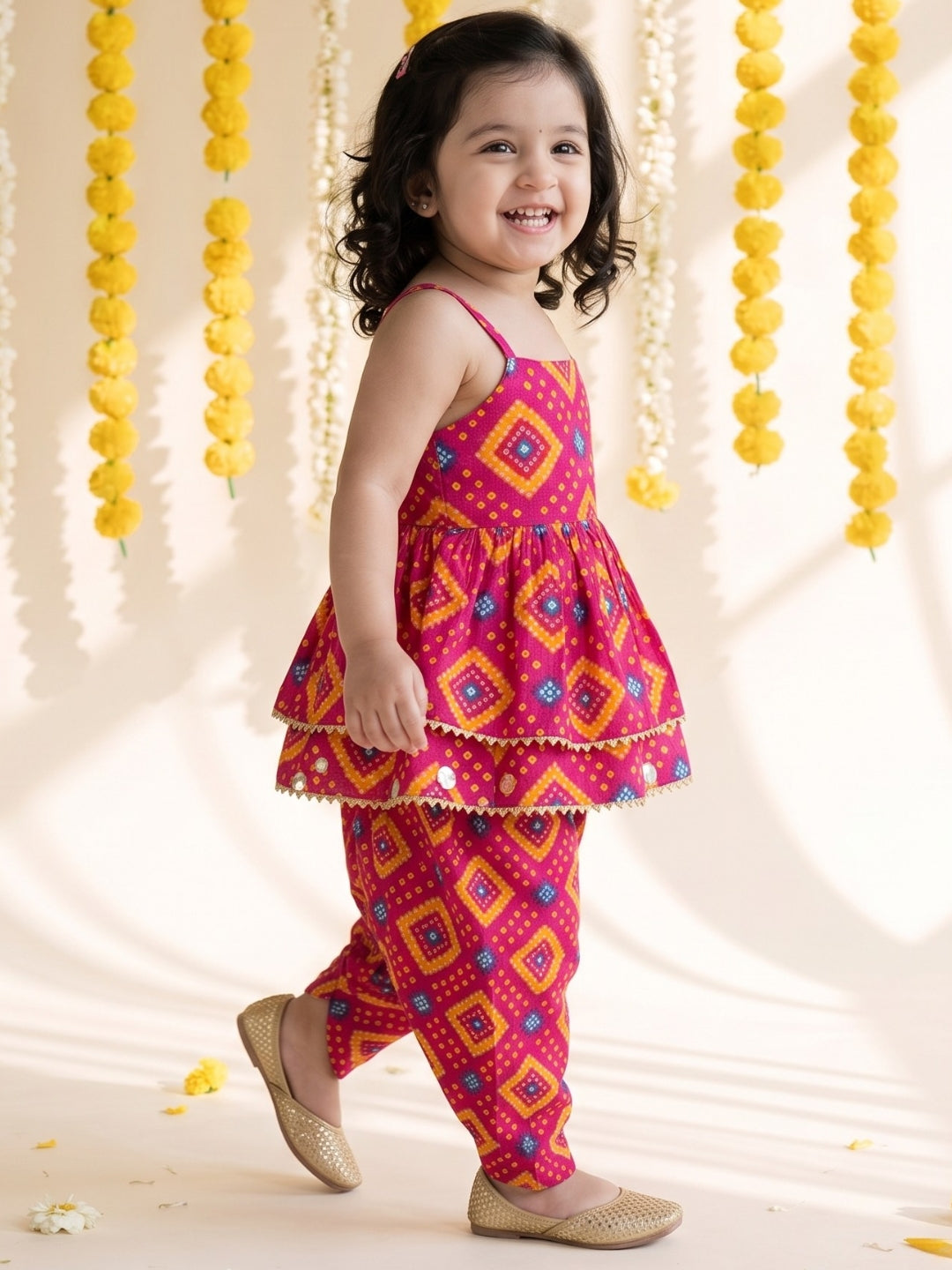 Pink Bandhani Print Pure Cotton Co-Ords For Girls