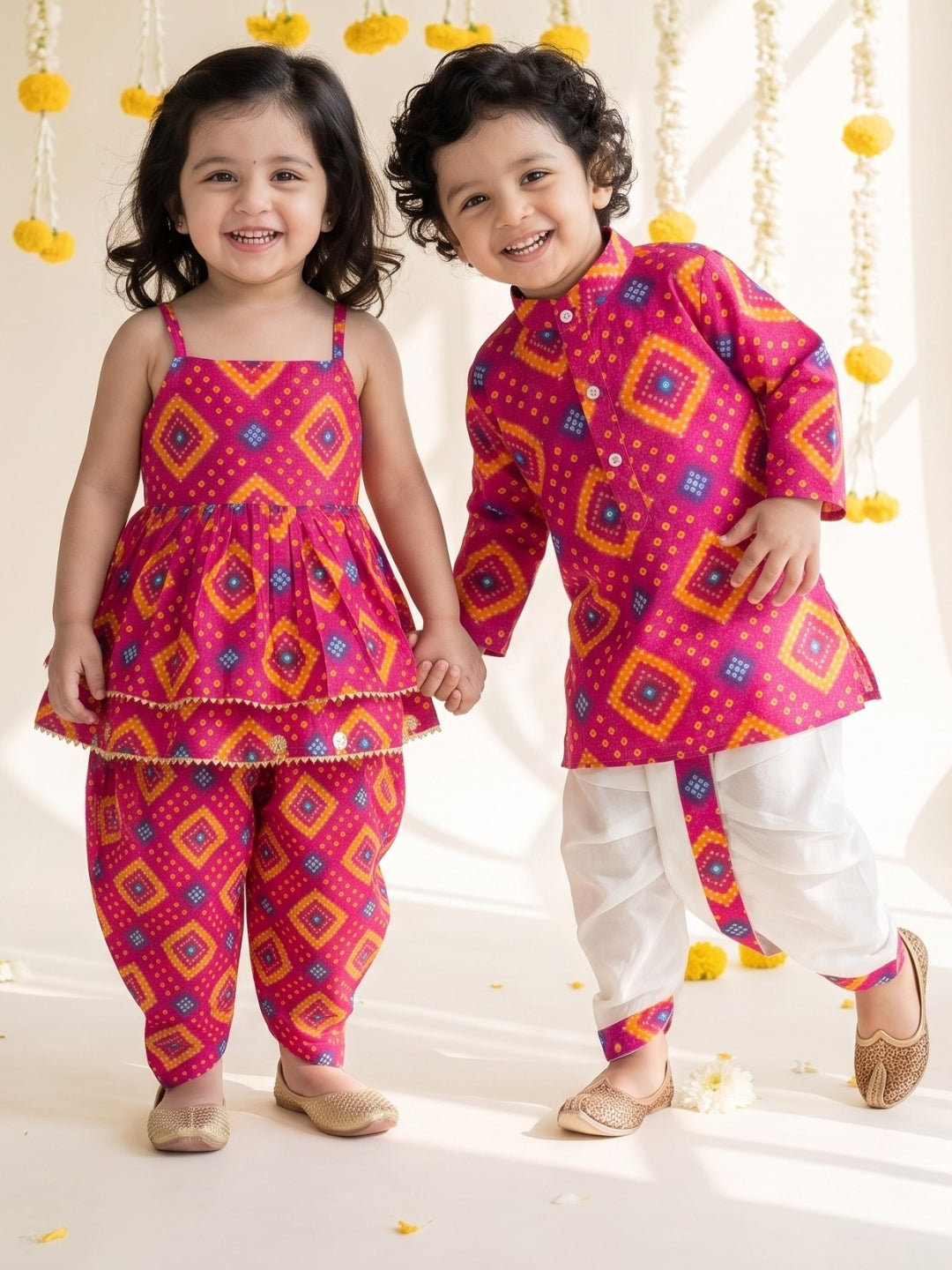 Pink Bandhani Print Pure Cotton Sibling Set for Kids | Matching Brother & Sister Outfit