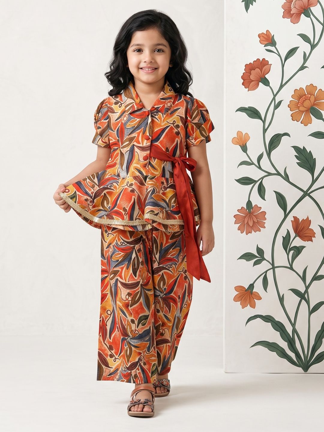 Orange Floral Print Pure Cotton Co-Ords Set For Girls
