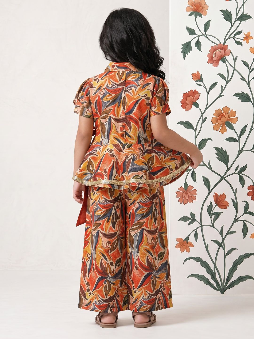 Orange Floral Print Pure Cotton Co-Ords Set For Girls