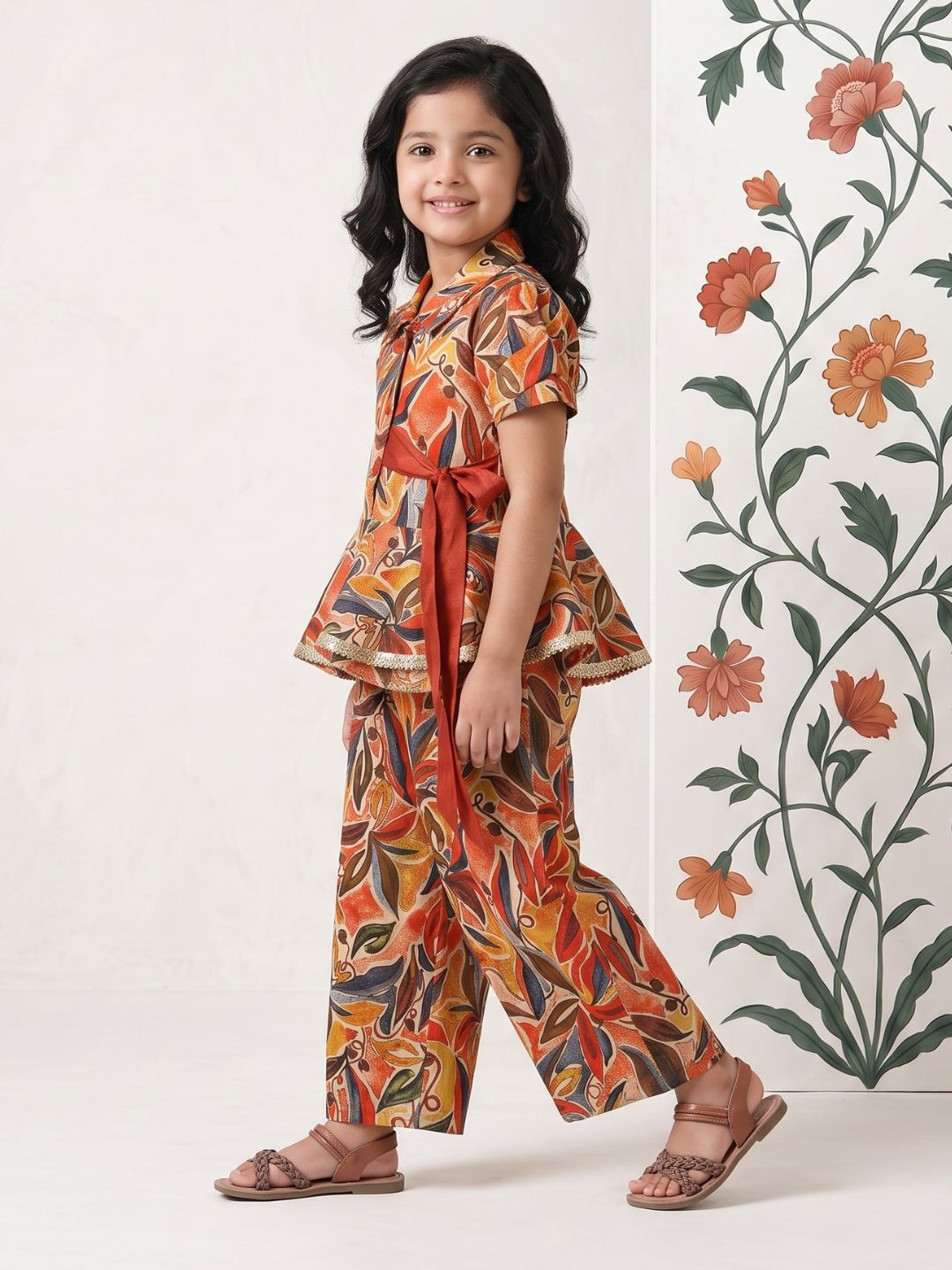 Orange Floral Print Pure Cotton Co-Ords Set For Girls
