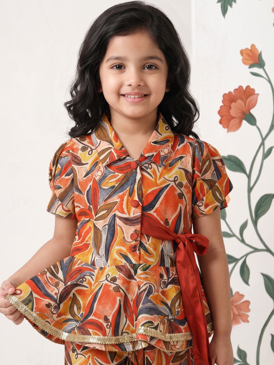 Orange Floral Print Pure Cotton Co-Ords Set For Girls