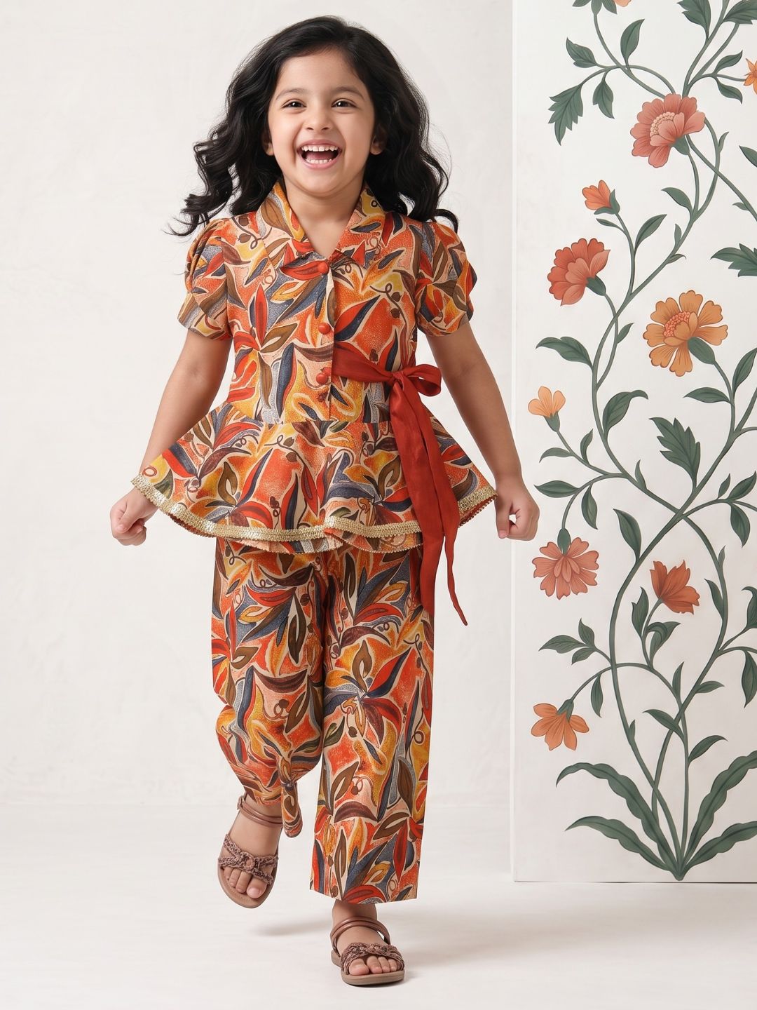 Orange Floral Print Pure Cotton Co-Ords Set For Girls