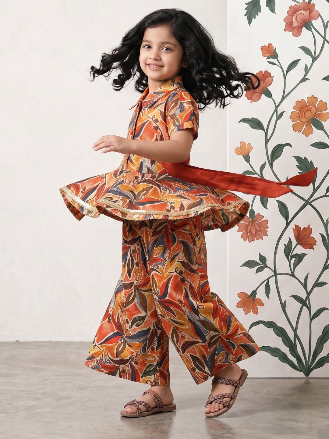 Orange Floral Print Pure Cotton Co-Ords Set For Girls