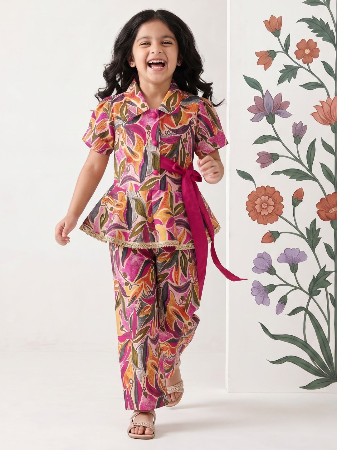 Pink Floral Print Pure cotton Co-Ords Set For Girls