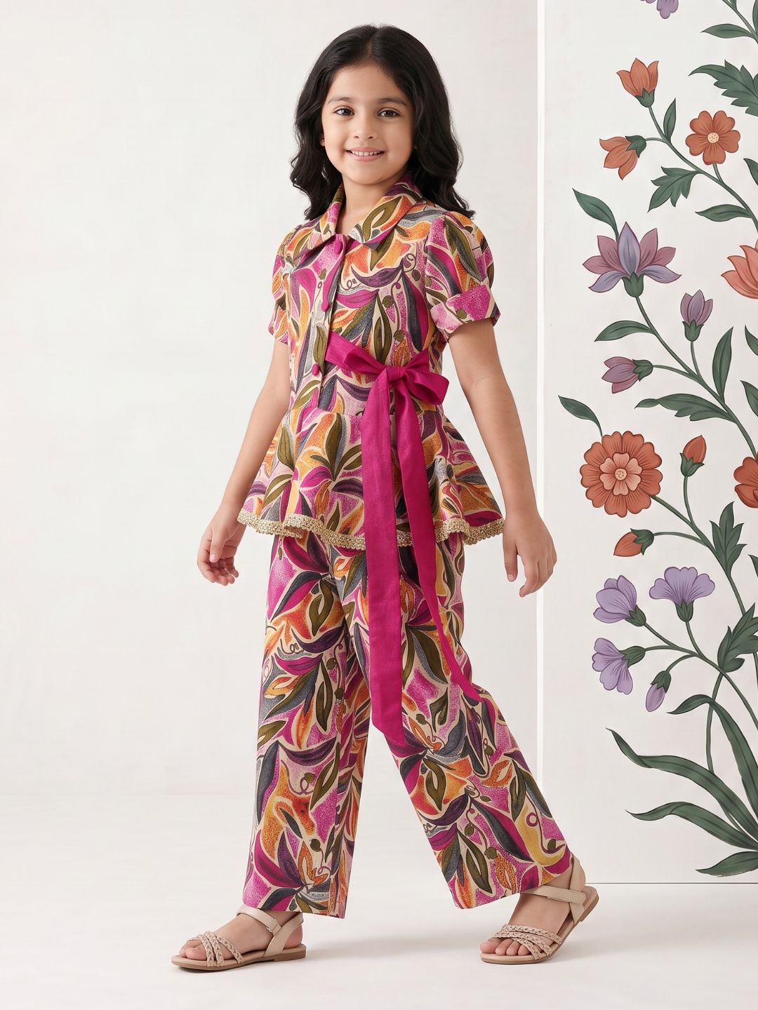 Pink Floral Print Pure cotton Co-Ords Set For Girls