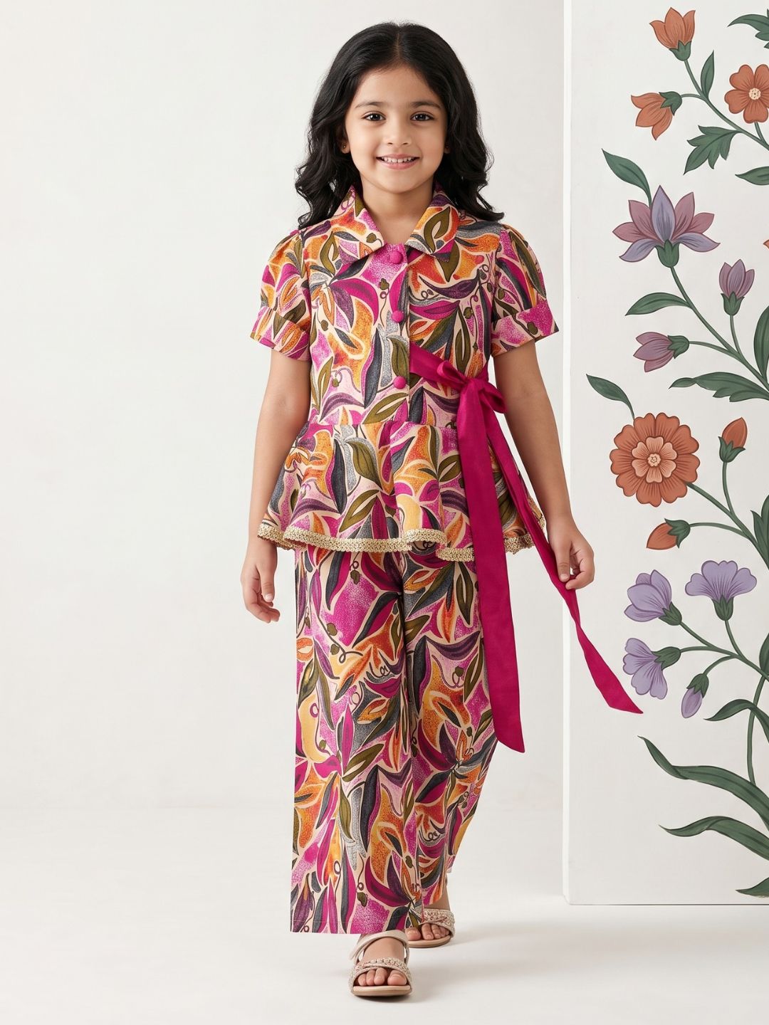 Pink Floral Print Pure cotton Co-Ords Set For Girls