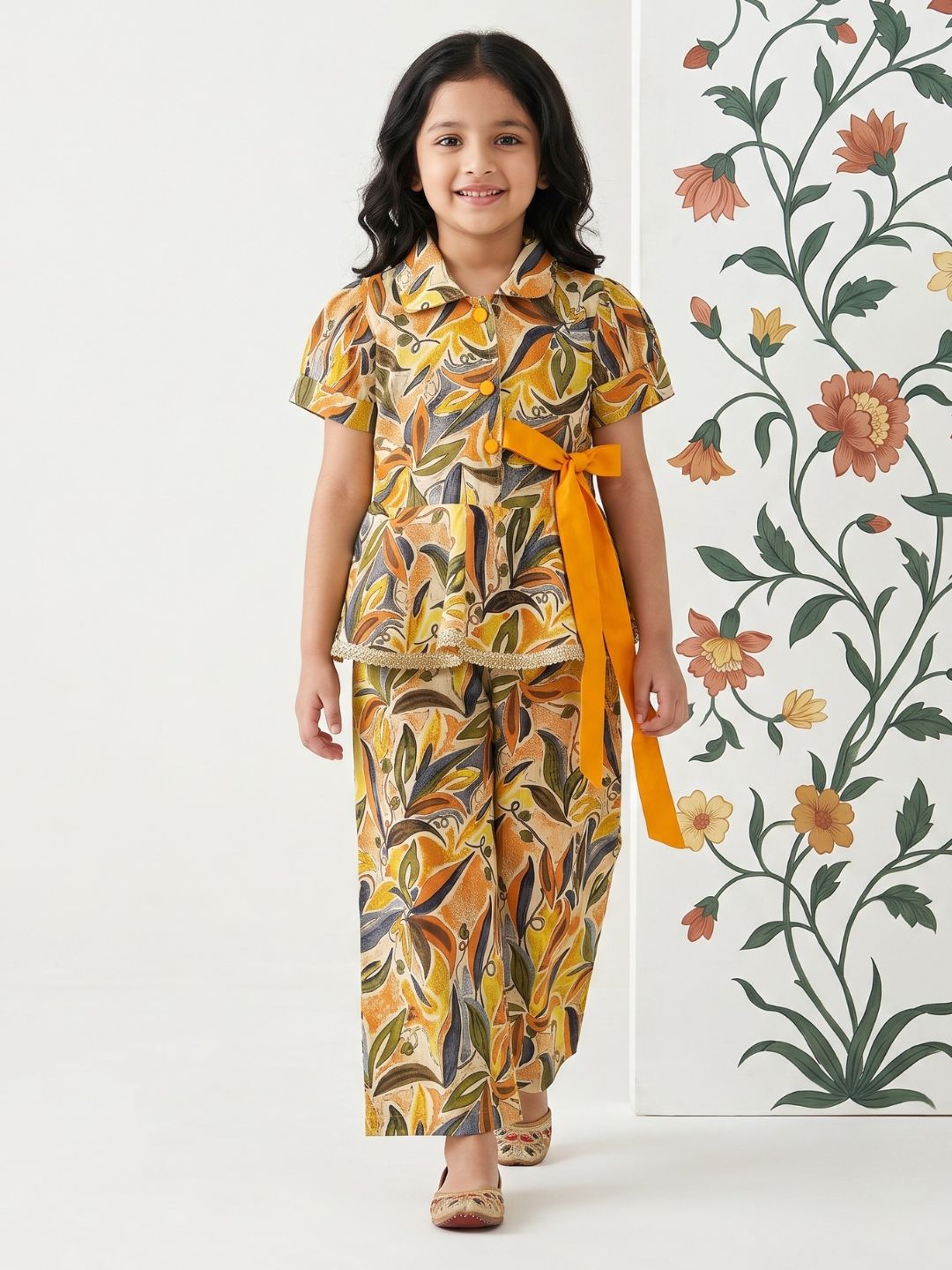 Yellow Floral print Pure cotton Co-Ords Set For Girls