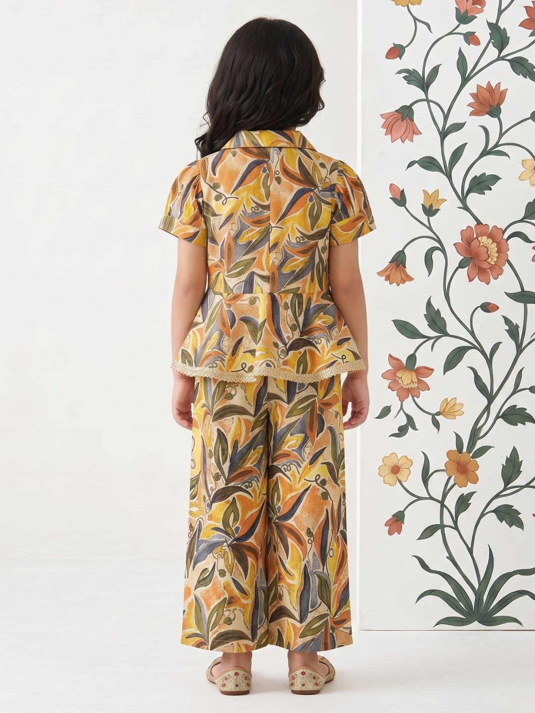 Yellow Floral print Pure cotton Co-Ords Set For Girls