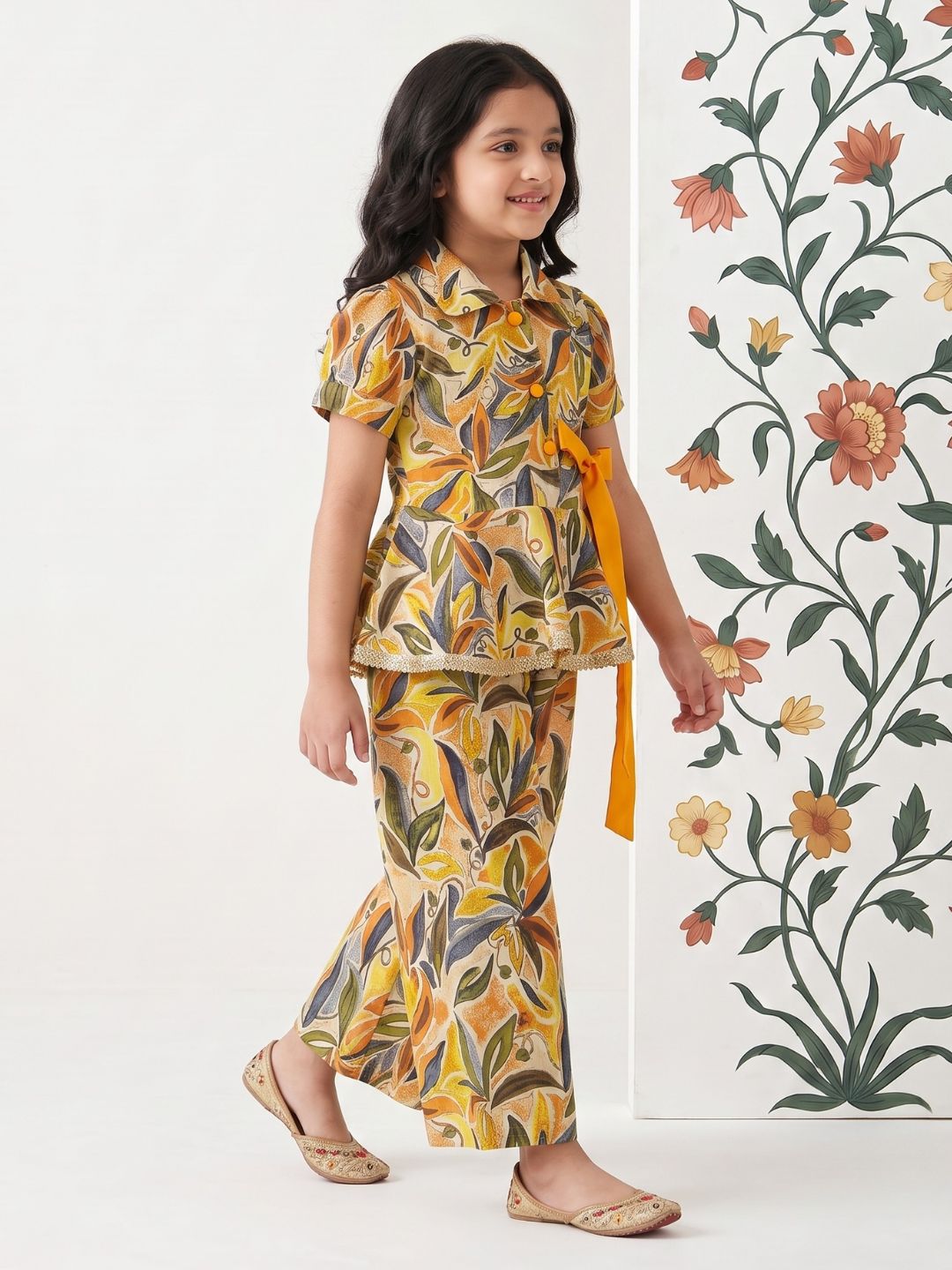 Yellow Floral print Pure cotton Co-Ords Set For Girls