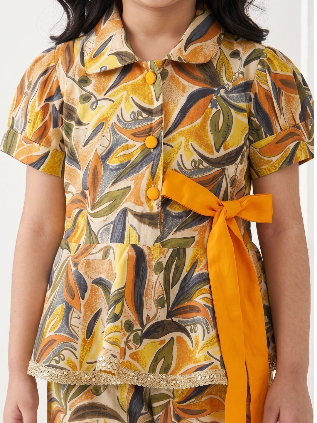 Yellow Floral print Pure cotton Co-Ords Set For Girls