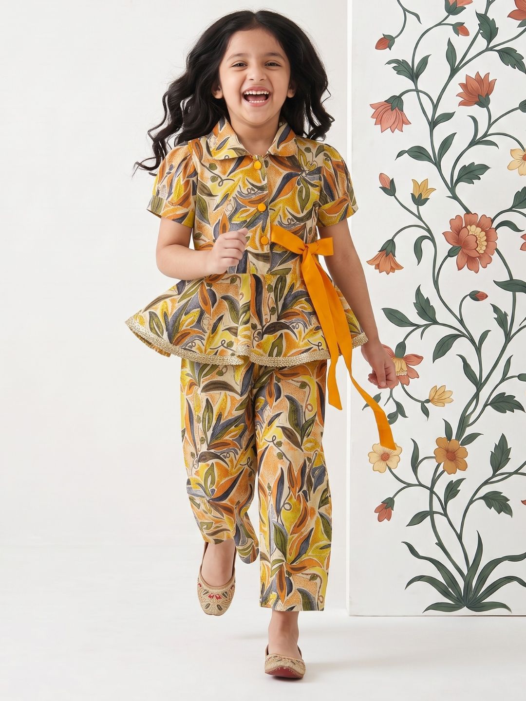 Yellow Floral print Pure cotton Co-Ords Set For Girls