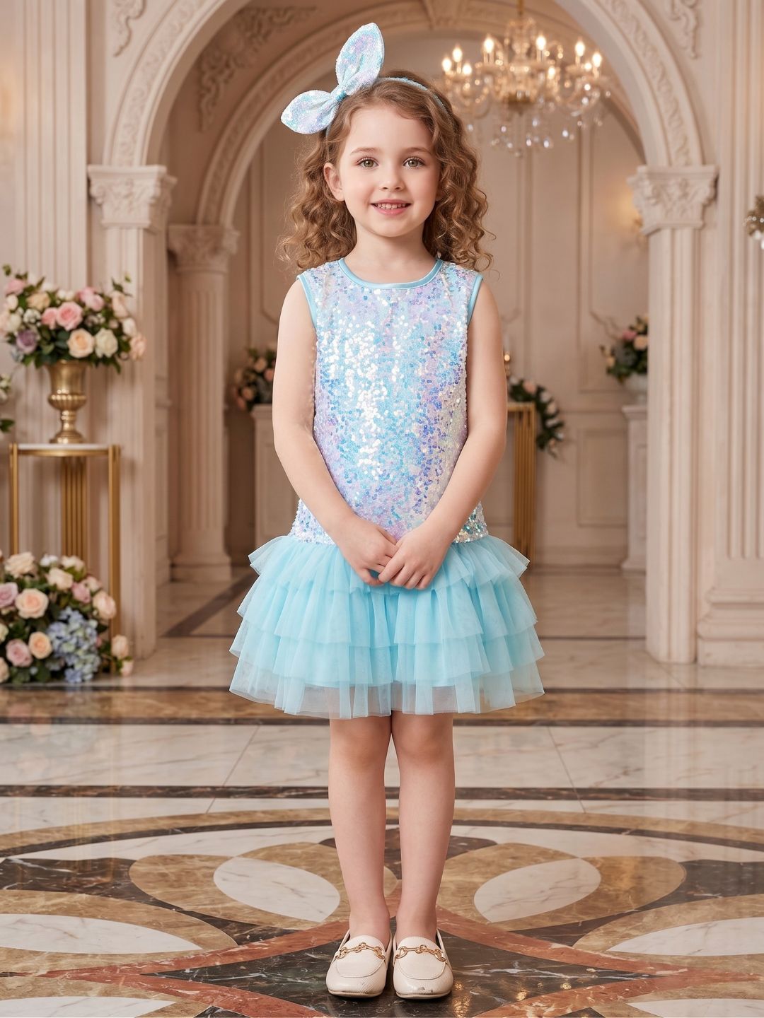 Sky-blue Sequins and Mesh Party Wear Frock For Girls with Hairband