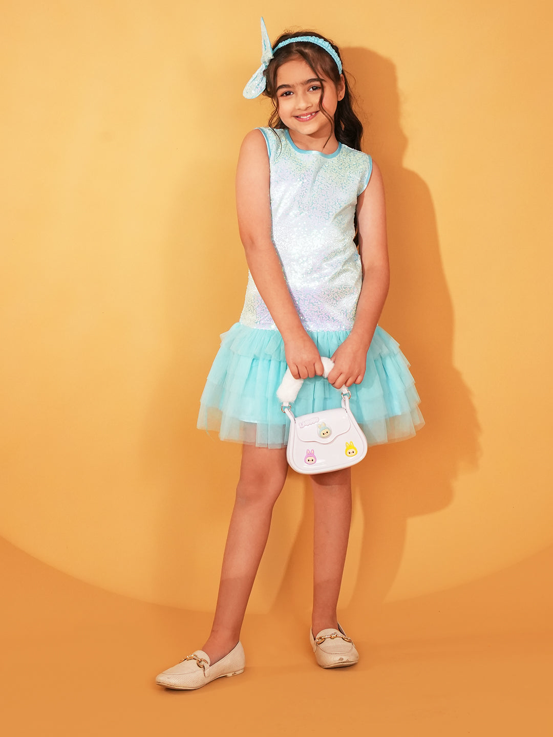 Sky-blue Sequins and Mesh Party Wear Frock For Girls with Hairband